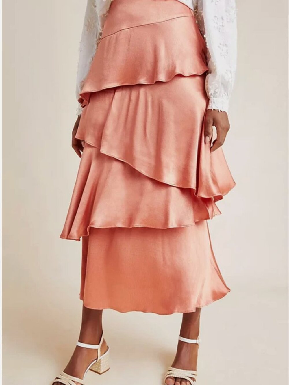 Anthropologie Maeve Cassia Tiered Midi Skirt | Rust Orange Satin | Size 6 | EUC